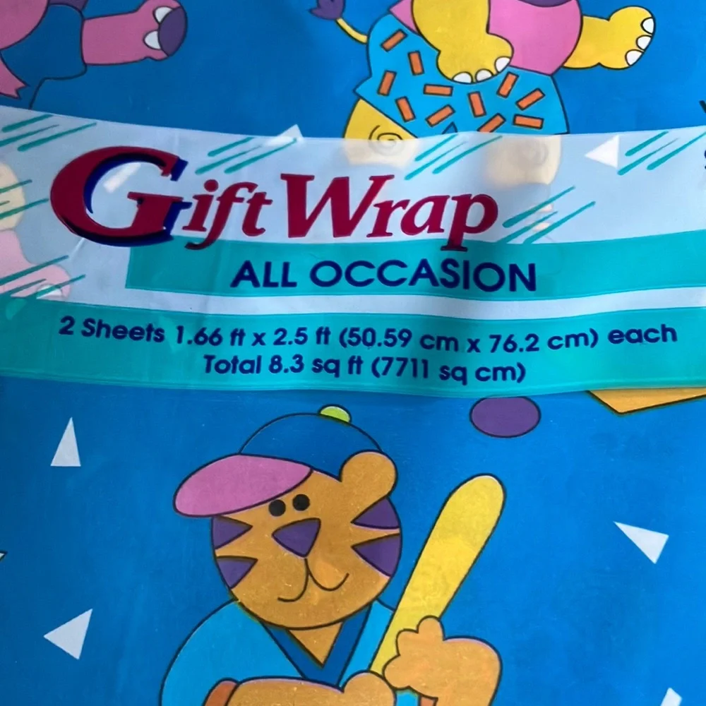 Vintage Cleo Blue Gift‎ Wrap with Animal Sports Theme -Sealed New Old Stock